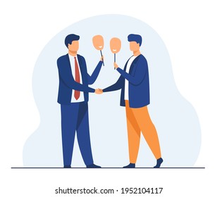 Zwei Männer, die unter Masken Handschütteln und Gesichter verstecken. Glück, Geschäftsmann, Deal flache Vektorgrafik. Vertrag und Geschäftskonzept für Banner, Website-Design oder Landing-Website