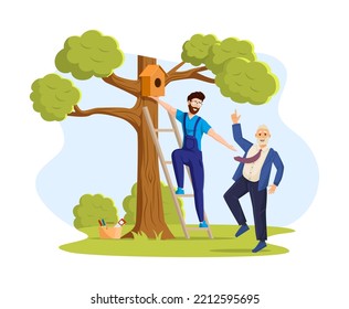 Two men hanging birdhouse on tree in garden or park. One man in overalls climbing ladder to fasten birdhouse. Another standing with his finger raised giving advice. People caring on nature vector