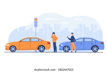 Dos hombres con accidente de auto aislado ilustración de vector plano. Caricatura de personas mirando el daño al automóvil. Concepto de emergencia, incidente y conducción