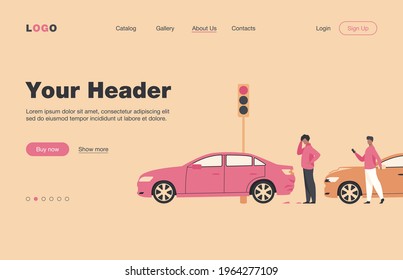 Two men having car accident isolated flat vector illustration. Cartoon people looking at automobile damage. Emergency, incident and driving concept