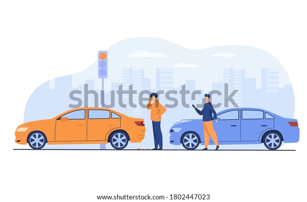 Two men having car accident isolated flat\
vector illustration. Cartoon people looking at automobile damage.\
Emergency, incident and driving\
concept