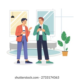 Dois homens tendo uma conversa casual em um escritório moderno