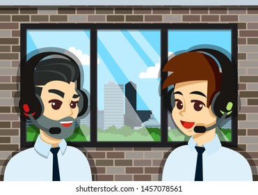 Two Men In Headphones and With Microphones On The Window Background. Radio DJ, Announcer, Podcast Blogger, Presenter, Reporter. Contemporary style. Vector flat design