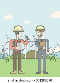 Zwei Männer im Helm mit einer Tablette in Händen auf einem Hintergrund mit Solarpaneelen und Windturbinen. Vektorliniendesign-Illustration. Vertikales Plakatlayout mit Textraum.