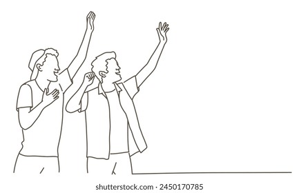 Two men are high-fiving each other. One of them is wearing a hat. Scene is happy and celebratory. Hand drawn vector illustration. Black and white.
