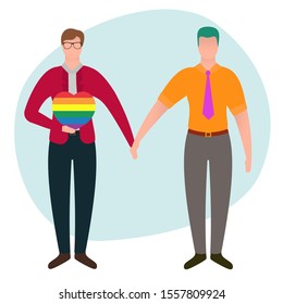Two men hold hands with rainbow heart. Gay couple isolated on white background. Nontraditional relationships between people. Lgbt concept vector illustration in cartoon flat style.