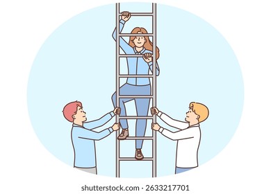 Two men hold ladder with girl for concept close-knit business team and career success. Employees company or startup provide support to colleagues by helping them climb career ladder
