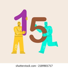 Two men hold numbers one and five. Colorful vector illustration
