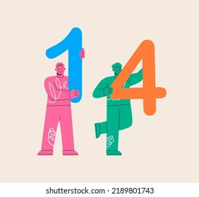 Dos hombres tienen los números uno y cuatro. Ilustración vectorial colorida
