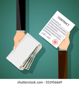 Two men hold in their hands contract and bribe. Corruption in business. Stock vector illustration.