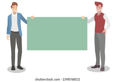 Two men are holding a banner. Ideal for advertising and presentations.