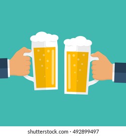 Two men holding beer mugs. Celebrations at the pub. Vector illustration flat design.