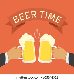 Two men holding beer mugs. Beer glasses foam clinking, meeting friends, toasting or beer festival concept. Light alcoholic drink, cool foam. Vector illustration in flat style. EPS 10.