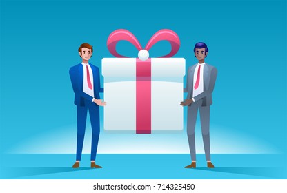 Two men holding big gift box. Business concept. Vector illustration.