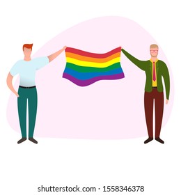 Two men holding flag. Gay couple isolated on white background. Nontraditional relationships between people. Lgbt concept vector illustration in cartoon flat style.