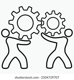 Two men holding gears put them together in one gear. Business Concept. Vector.