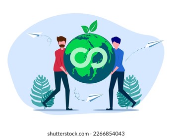 Two men holding the globe and the tree. concept of sustainability or environmental protection
