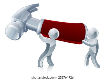 Two men holding a hammer ready to build or repair something