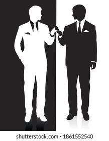 Dos hombres cogidos de la mano. Aislado en blanco.