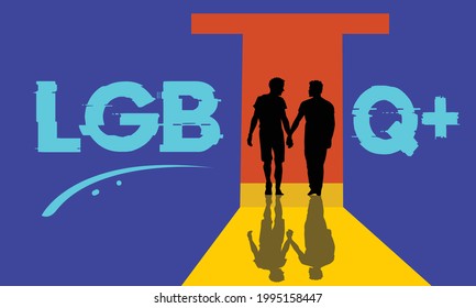 Two men holding hands in silhouette inside letter T in LGBTQ+. 