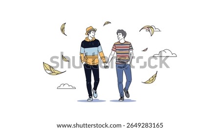 Two Men Holding Hands Walking Together Outdoors Illustrative Art