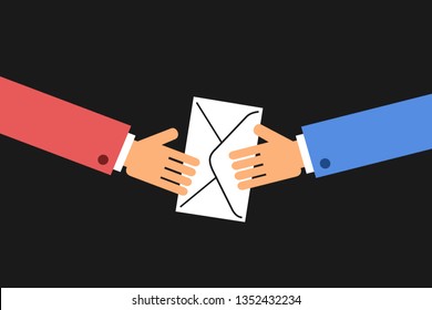Two men are holding / passing on paper envelope. Vector illustration