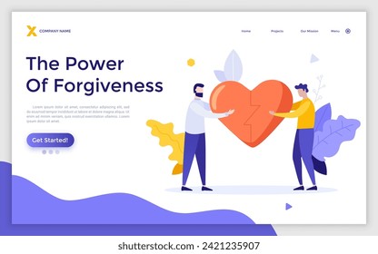 Two men holding two pats of broken heart. Concept of power of forgiveness, saving romantic relationship, family problems, conflict in love. Modern flat vector illustration for poster, banner.