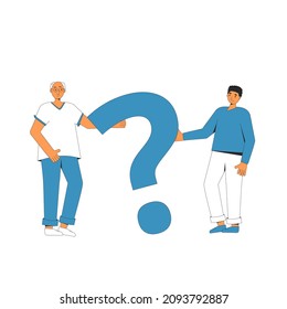 Two men holding a question mark. FAQ. Mentor and young manager. Vector illustration in line art style.