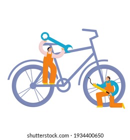 Two men holding wrench and bike pump in their hands. Bicycle silhouette. Bike service. Textured flat vector illustration	