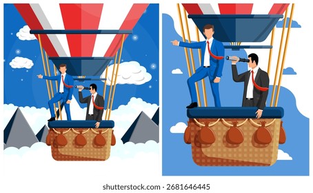 Dos hombres en globo de aire caliente mirando al futuro a través de spyglass. Visión empresarial y crecimiento futuro. Encontrar un nuevo camino y concepto de meta.