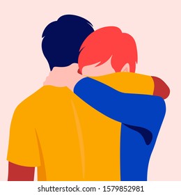 Two men hug each other. Best friends. Father and son met. Support and assistance in problems. Partners are experiencing a tragedy. Vector flat illustration