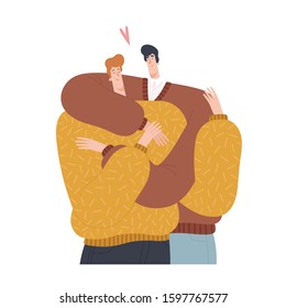 Two men hug each other. Gay couple in a romantic relationship. Isolated on white background.