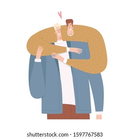 Two men hug each other. Gay couple in a romantic relationship. Isolated on white background.