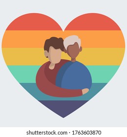 Dos hombres se abrazan. Pareja gay en una relación romántica contra el corazón del arco iris (LGBTQ). ilustración plana vectorial. 
bandera LGBTQ