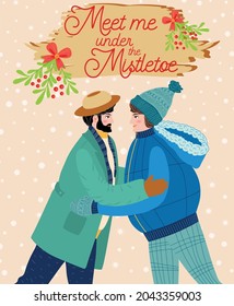 Two Men Hug, Kiss Under The Mistletoe, Gay Couple Congratulates Each Other On The Winter Holidays. Christmas And Happy New Year Illustration. Trendy Retro Style, Design Template.