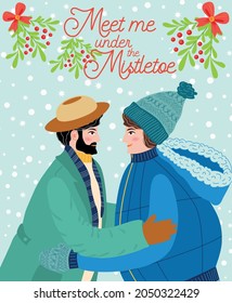 Two Men Hug, Kiss Under The Mistletoe, Gay Couple Congratulates Each Other On The Winter Holidays. Christmas And Happy New Year Illustration. Trendy Retro Style, Design Template.