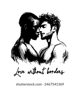 Zwei Männer umarmen sich. LGBT und Free Love Concept. Inschrift "Love Without Borders". Flache Vektorillustration auf weißem Hintergrund