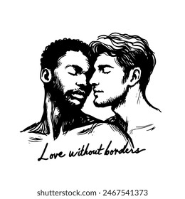 Zwei Männer umarmen sich. LGBT und Free Love Concept. Inschrift "Love Without Borders". Flache Vektorillustration auf weißem Hintergrund