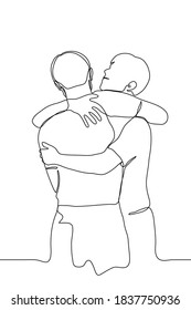 Two Men Hug. One Line Drawing Of A Man In Close Embrace, One Of Whom Is Smiling, Meeting Of Friends / Brothers / Lovers.