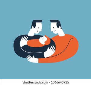 Two men hugging and cuddling baby boy or girl and nursing him. Gay parents embracing newborn adopted baby and expressing love and care. Lesbian and Gay Parents concept. Modern illustration. Vector.