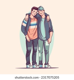 Two men hugging each other, vector illustration isolated on white 