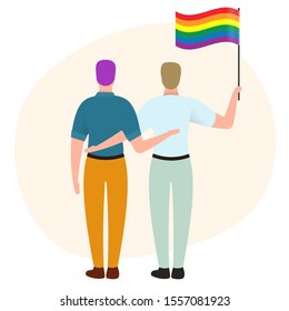Two men hugging and holding flag. Back view. Gay couple isolated on white background. Nontraditional relationships between people. Lgbt concept vector illustration in cartoon flat style.