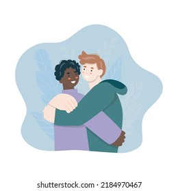 Two men are hugging. LGBTQ, love, support concept. Help and compassion, depression illustration. Family crisis, happiness, relationships.