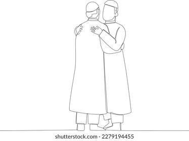 Two men hugging on eid day. Silaturahim one-line drawing