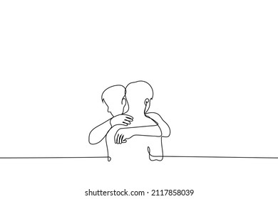 Two Men Hugging - One Line Drawing Vector. Concept Of Emotional Support, Friendly Hug, Long-awaited Meeting