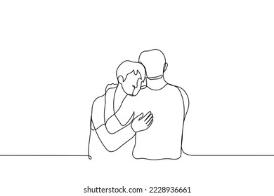 two men hugging - one line drawing vector. concept hug day, relationship of homosexual men