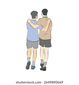 two men hugging together illustration vector hand drawn with black lines isolated on white background.
