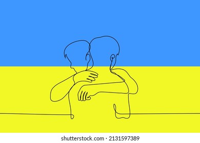 two men are hugging. ukrainian war veteran or refugee returning home - one line drawing vector. concept of ending war in Ukraine, return of Ukrainian people, independence day of Ukraine