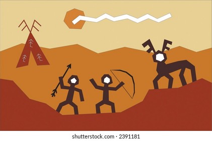 Two men hunting deer illustration stylized as a wild tribe painting