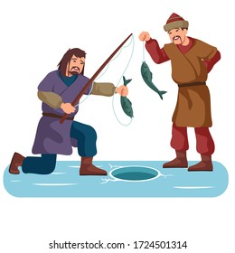 Two men are ice fishing, mongolian medieval men